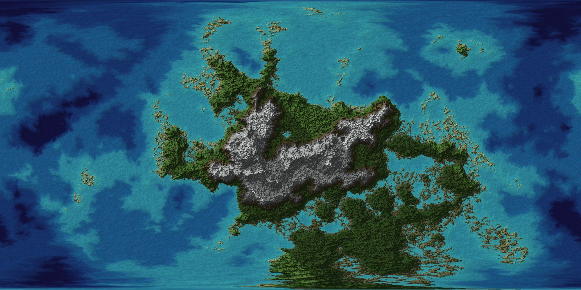 The painted world as a relief-shaded map, from deep ocean to snow-capped mountains